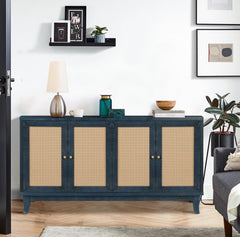 Rattan Sideboard Buffet Cabinet, Storage Cabinet with 4 Rattan Doors, Console Table for Living Room, Hallway, Entryway (Blue)