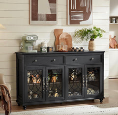 Farmhouse Sideboard Buffet Cabinet with Storage,59" Large Credenza with 4 Glass Doors & 2 Drawers,Adjustable Shelves Console Table,Wood Kitchen Coffee Bar for Dining Room,Living Room,Black