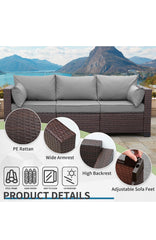 Patio Couch PE Wicker 3-Seat Outdoor Brown Rattan Sofa Deep Seating Furniture with Non-Slip Beige Cushions