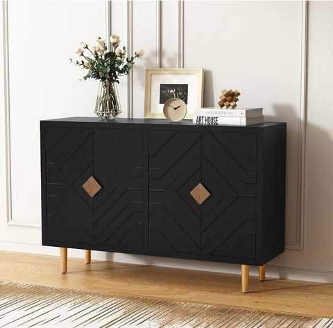 Accent Cabinet with 4 Doors and Shelves, Modern Sideboard Buffet Cabinet with Decorative Embossed Pattern Doors, Credenza Storage Cabinet for Living Room, Kitchen, Dining