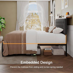 Full Size Bed Frame with 2 Storage Drawers, Metal Platform Bed with Charging Station, Upholstered Button Tufted Storage Headboard, No Box Spring Needed, Noise-Free, Easy Assembly