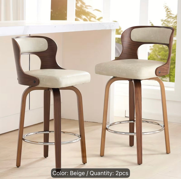 Mid Century Modern Bar Stools, 26 Inch Bar Chairs with Solid Back, Walnut Finish and Faux Leather Seat, Counter Height Barstool Set of 2, Beige