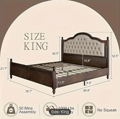 King Size Solid Wood Bed Frame, Transitional Platform Bed with 52.5" Upholstered Tufted Headboard, Rubberwood/Roman Column Accents/Wood Slat Support/No Box Spring Needed