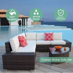 6pcs Patio Furniture Set PE Brown Rattan Wicker Sectional Outdoor Sofa Set Outside Couch w/Washable Seat Cushions & Modern Glass Wedge Table for Patio, Backyard, Pool-Beige