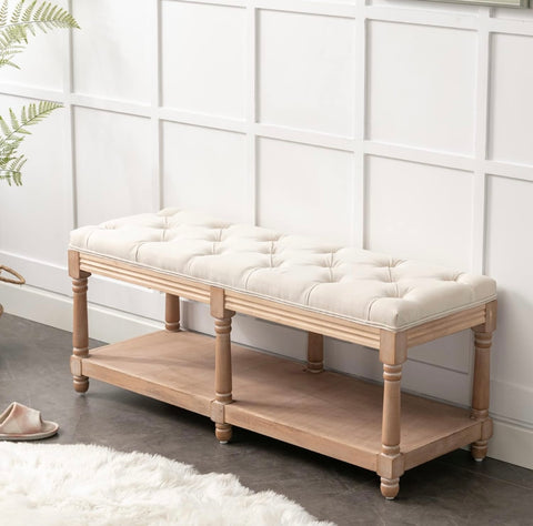 Tufted Extra-Long Entryway Bench with Shoe Storage, 47” French Vintage Bedroom Benches Upholstered Dining Benches, Beige