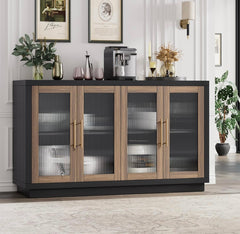 Buffet Cabinet with Storage, 55.1" Large Sideboard Buffet Cabinet, Modern Sideboard Kitchen Cabinet with 4 Fluted Glass Doors, Wood Coffee Bar Cabinet Buffet Table for Kitchen, Black/Brown