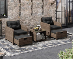 5 Piece Patio Conversation Set, PE Wicker Rattan Outdoor Lounge Chairs with Soft Cushions 2 Ottoman&Glass Table for Porch,Black