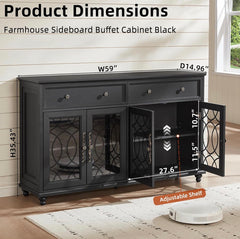 Farmhouse Sideboard Buffet Cabinet with Storage,59" Large Credenza with 4 Glass Doors & 2 Drawers,Adjustable Shelves Console Table,Wood Kitchen Coffee Bar for Dining Room,Living Room,Black