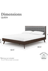 Mid Century Modern Wooden Platform Bed Frame with Upholstered Tuft Headboard Fluted Leg Base, Bed, Grey