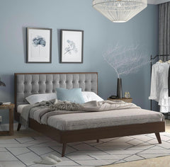 Mid Century Modern Wooden Platform Bed Frame with Upholstered Tuft Headboard Fluted Leg Base, Bed, Grey