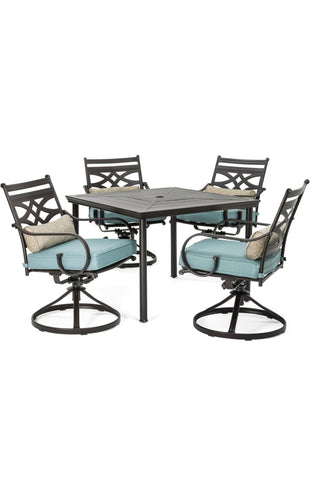 5-Piece Outdoor Patio Dining Set with Stamped Steel Square Dining Table and 4 Swivel Rocker Chairs with Plush Ocean Blue Cushions, Modern Weather Resistant Outdoor Furniture