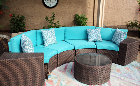 Outdoor Furniture Brown Rattan Set Half-Moon Patio All-Weather Wicker Sofa with Coffee Table, Turquoise Cushion 7-Piece (Pillows Included)