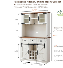 Farmhouse Bar Cabinet with Sliding Barn Door, 72" Rustic Buffet with Hutch with Wine and Glasses Rack, 3 Drawers, Storage Shelves, Sideboard Cupboard for Kitchen, Dining Room, Antique White