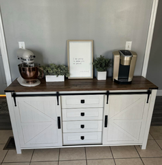 Farmhouse Sideboard Buffet Cabinet with Storage, 60" Large Kitchen Cabinet w/Sliding Barn Doors and 4 Drawers, 31.2'' Tall Wood Coffee Bar Table for Dining Room, Antique White