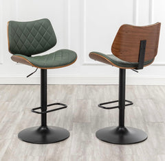 Bar Stools Set of 2 Mid Century Modern Adjustable Counter Height Green Leather Upholstered 360°Swivel Bar Chairs for Kitchen Island/Dining Room/Cafe