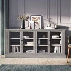 70 Inch Sideboard Buffet Cabinet, Entertainment Center with Storage, Glass Display Cabinet with Adjustable Shelves Console Table Storage Cabinet for Living Room, Dining Room, Gray Wash