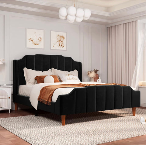 Queen Size Velvet Bed Frame Upholstered Platform Bed with Vertical Headboard and Footboard,Green
