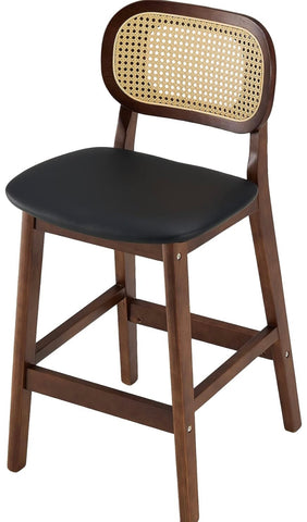 Counter Height Bar Stools , PU Leather Upholstered Counter Stool with Rattan Back and Solid Wood Frame Mid-Century Modern Bar Chair for Dining Room Kitchen Island, Black