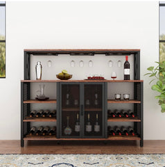 Wine Bar Cabinet, 55 Inches Kitchen Sideboard Buffet Cabinet with Wine Rack Storage, Industry Coffee Bar Cabinet with Wine Rack and Glass Holder for Liquor and Glasses (Rustic)