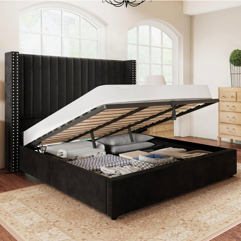 King Bed Frame Lift Up Storage Bed, Velvet King Upholstered Bed Frame/Channel Tufted Wingback Headborad/No Box Spring Needed