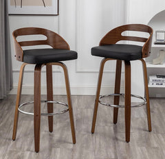 Bar Stools Set of 2, Swivel Bar Height Stools with Low Back, Wood Bar Chairs with Soft Cushion Seat, 24.6-Inch Seat Height (Beige, 26" Counter Height