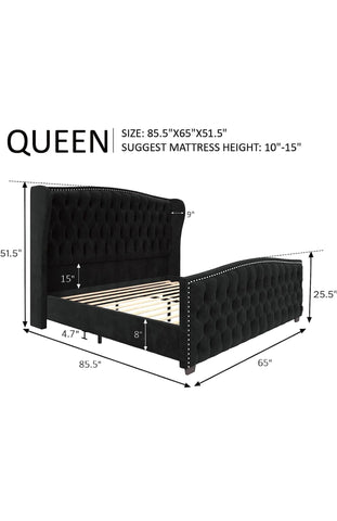 King Size Platform Bed Frame, Velvet Upholstered Bed with Deep Button Tufted & Nailhead Trim Wingback Headboard/No Box Spring Needed/Easy Assembly/Black