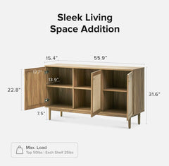 Kitchen Buffet Cabinet with Storage, Credenza, Buffets & Sideboards, Natural Rattan Cabinet, Accent Cabinet, Entertainment Center with Storage (Natural Oak)