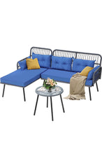 Patio Furniture L-Shaped Coversation Sectional Outdoor Sofa Set for Backyard, Porch with Thick Cushions Detachable Lounger, Side Table (Gray+Navy Blue)