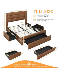 Bed Frame with 2 USB Charging Stations/Port for Type A&Type C/3 Storage Drawers, Leather Upholstered Platform Bed with Headboard/Solid Wood Slat Support/No Box Spring Needed/Amber Brown