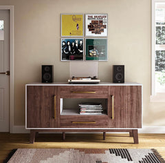 Mid-Century Modern Side Table with Two Drawers and Enclosed Cabinets, Sideboard Buffet Table for Kitchen, Living Room, or Hallway - Tristan (Dark Walnut)