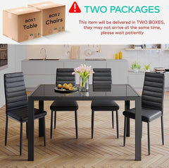 5 Piece Glass Dining Table Set, Kitchen and Chairs for 4, PU Leather Modern Room Sets Home (Black)