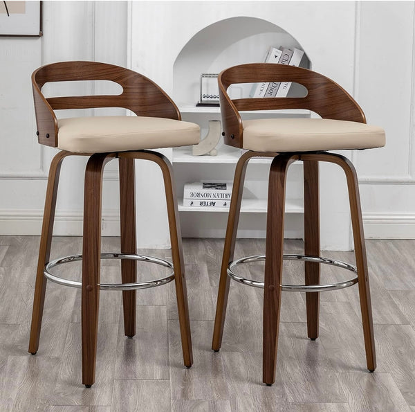 Bar Stools Set of 2, Swivel Bar Height Stools with Low Back, Wood Bar Chairs with Soft Cushion Seat, 24.6-Inch Seat Height (Beige, 26