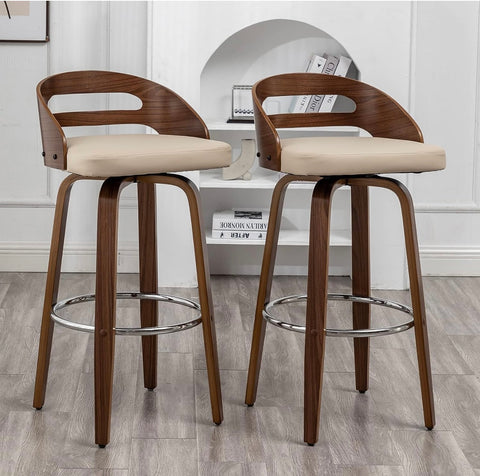 Bar Stools Set of 2, Swivel Bar Height Stools with Low Back, Wood Bar Chairs with Soft Cushion Seat, 24.6-Inch Seat Height (Beige, 26" Counter Height