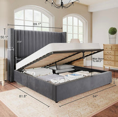 King Bed Frame Lift Up Storage Bed, Velvet King Upholstered Bed Frame/Channel Tufted Wingback Headborad/No Box Spring Needed