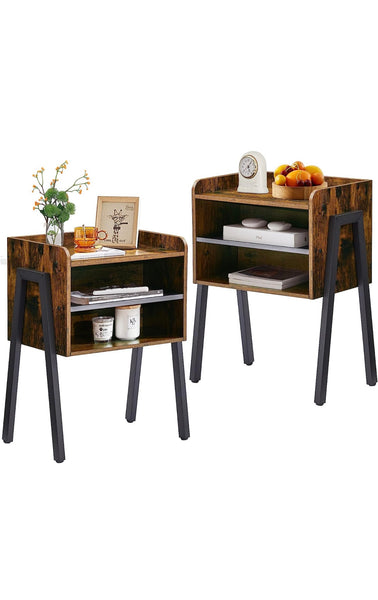 Nightstand Industrial Side End Table/Stackable Accent Furniture with 2-Tier Open Storage Compartments for Bedroom, Living Room and Small Spaces, 2 Pack, Brown+Black