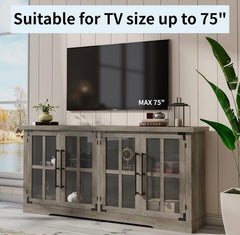 63" Farmhouse TV Stand with 4 Glass Doors, Modern Buffet Sideboard Cabinet with Storage, Entertainment Center with Adjustable Shelf for TV's up to 75"