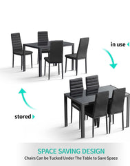 5 Piece Glass Dining Table Set, Kitchen and Chairs for 4, PU Leather Modern Room Sets Home (Black)