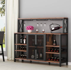 Wine Bar Cabinet, 55 Inches Kitchen Sideboard Buffet Cabinet with Wine Rack Storage, Industry Coffee Bar Cabinet with Wine Rack and Glass Holder for Liquor and Glasses (Rustic)