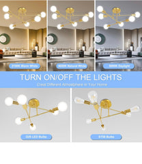 Modern Sputnik Chandelier, Ceiling Light Fixture Flush Mount 6-Lights Gold Chandeliers for Living Room Bedroom Dining Room Kitchen, Mid Century Chandeliers, E26 Base, Bulbs Not Included