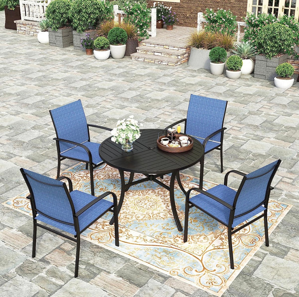 5 Pieces Patio Dining Set, Patio Furniture Sets for 4, 4 x Blue Textilene Dining Chair, 42