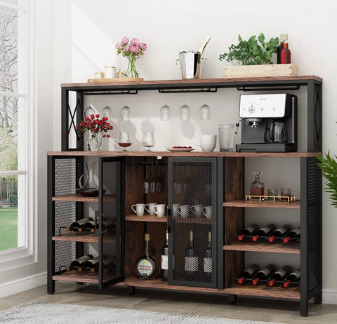Wine Bar Cabinet, 55 Inches Kitchen Sideboard Buffet Cabinet with Wine Rack Storage, Industry Coffee Bar Cabinet with Wine Rack and Glass Holder for Liquor and Glasses (Rustic)