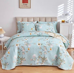 3 Pieces Reversible Floral Quilt Set Aqua, Microfiber Soft Quilt, Elegant Flower Design Bedspread, Lightweight Bed Cover for All Season, 1 Quilt n 2 Pillow Shams Queen