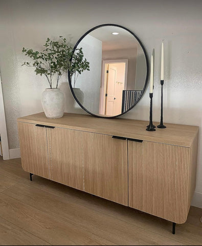 Modern Scandinavian Fluted Door Kitchen Storage Sideboard Buffet Cabinet Console, 69 Inch, Coastal Oak/Black