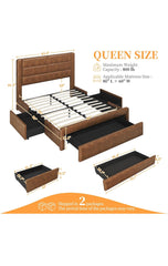 Bed Frame with 2 USB Charging Stations/Port for Type A&Type C/3 Storage Drawers, Leather Upholstered Platform Bed with Headboard/Solid Wood Slat Support/No Box Spring Needed/Amber Brown