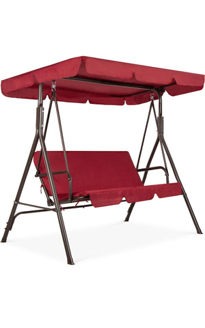 2-Person Outdoor Patio Swing Chair, Hanging Glider Porch Bench for Garden, Poolside, Backyard w/Convertible Canopy, Adjustable Shade, Removable Cushions - Burgundy