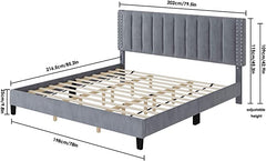 King Size Bed Frame, Adjustable Headboard, 10 Inch Upholstered Platform, Bedstead, Mattress Foundation, Wooden Slats Support, No Box Spring Needed, Easy Assembly - Black