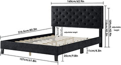 Velvet Upholstered Platform Bed with Adjustable Diamond Button Tufted & Nailhead Trim Headboard,Black