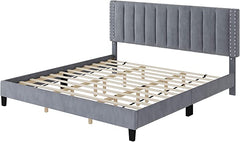 King Size Bed Frame, Adjustable Headboard, 10 Inch Upholstered Platform, Bedstead, Mattress Foundation, Wooden Slats Support, No Box Spring Needed, Easy Assembly - Black
