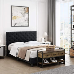 Velvet Upholstered Platform Bed with Adjustable Diamond Button Tufted & Nailhead Trim Headboard,Black