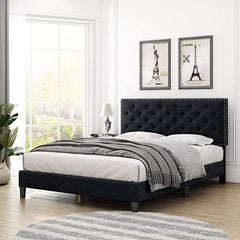 Velvet Upholstered Platform Bed with Adjustable Diamond Button Tufted & Nailhead Trim Headboard,Black